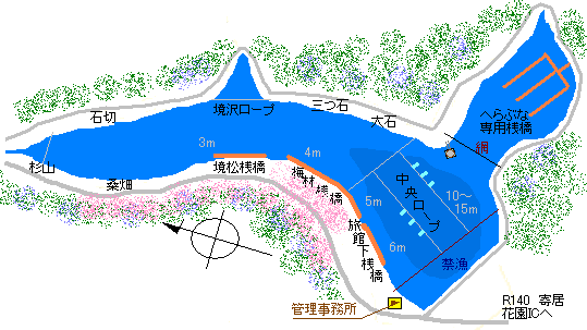 秩父への玄関口、紅葉と桜の名所の円良田湖、釣り場ポイント水深マップ