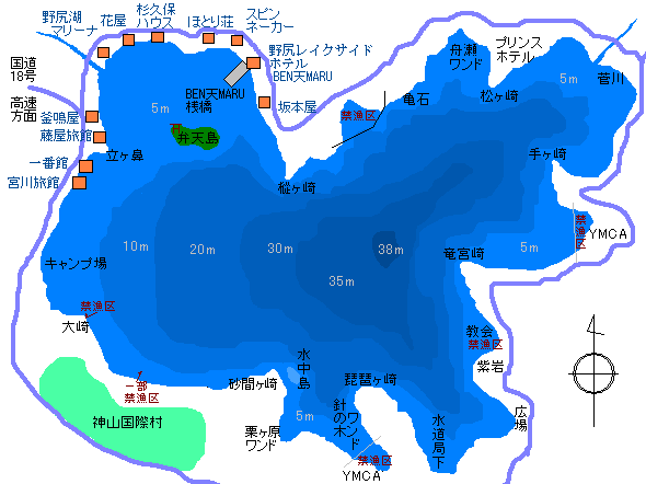 野尻湖の釣り場と温泉マップ
